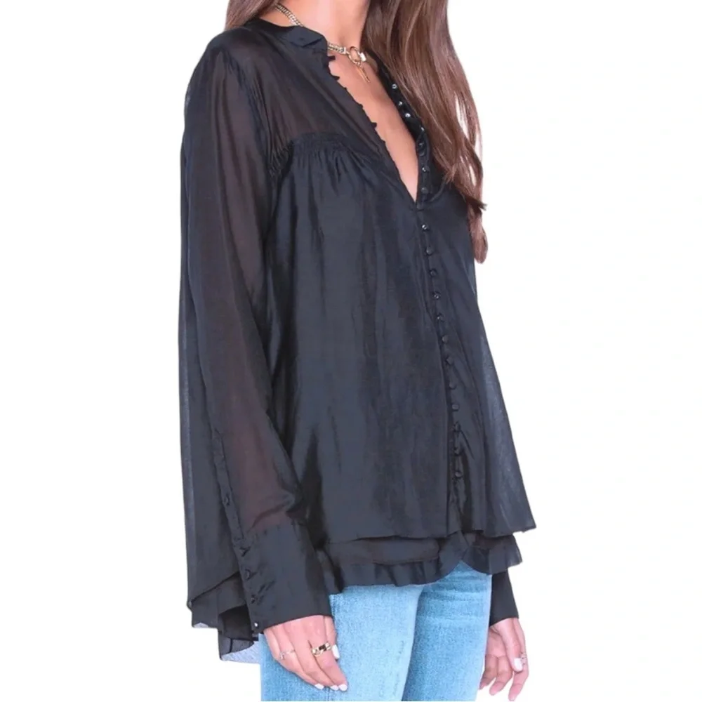 Free People Layers of Black Top XSMALL 2 Mandarin Collar Cotton Silk Breathable